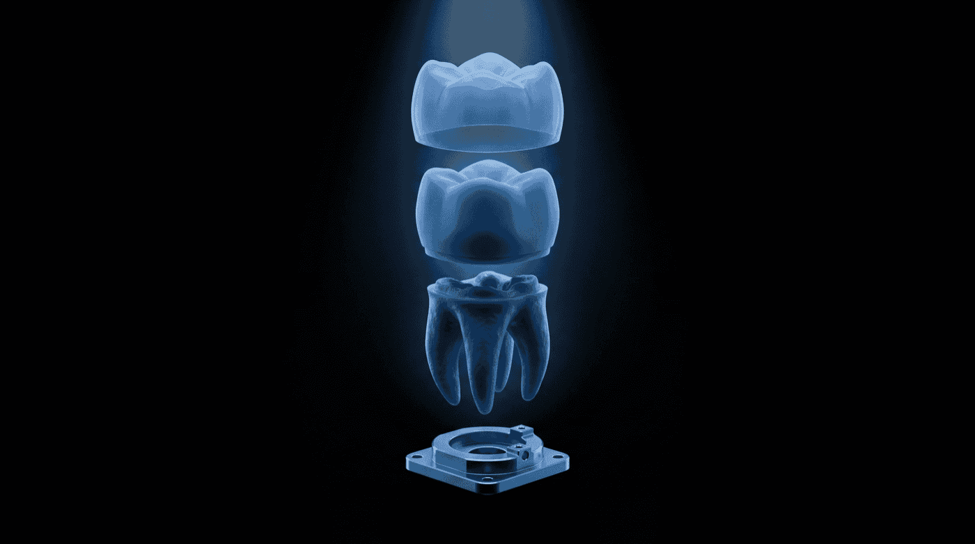 Bluetooth exploded view — four separated components from top: Enamel Tint Layer, Ceramic Core, Root Structure, and Mounting Base