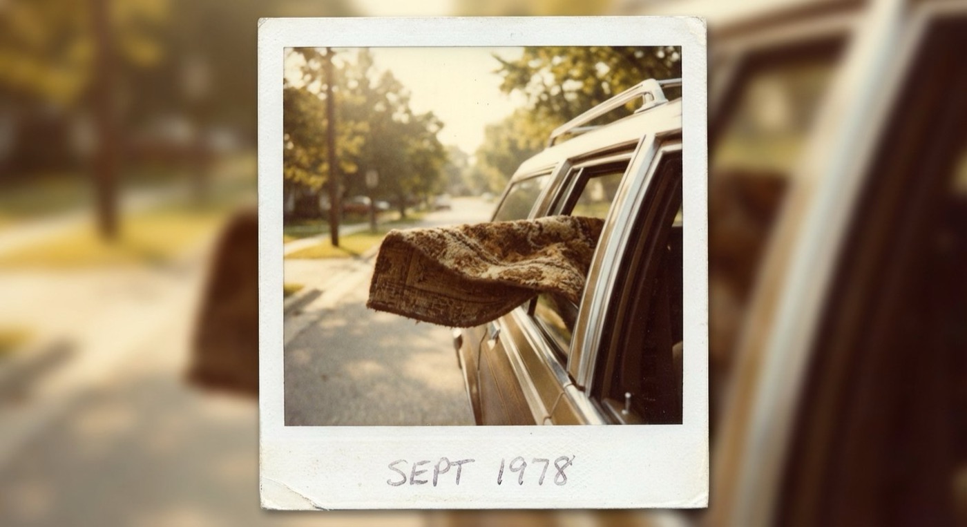 A brown carpet piece hanging out a car window
