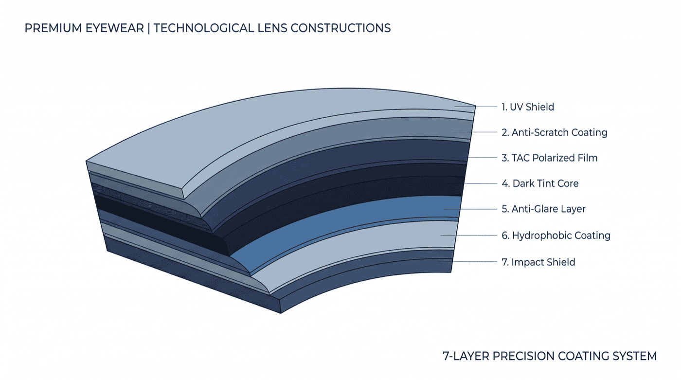 7-Layer Precision Coating System — cross-section diagram showing UV Shield, Anti-Scratch Coating, TAC Polarized Film, Dark Tint Core, Anti-Glare Layer, Hydrophobic Coating, and Impact Shield layers