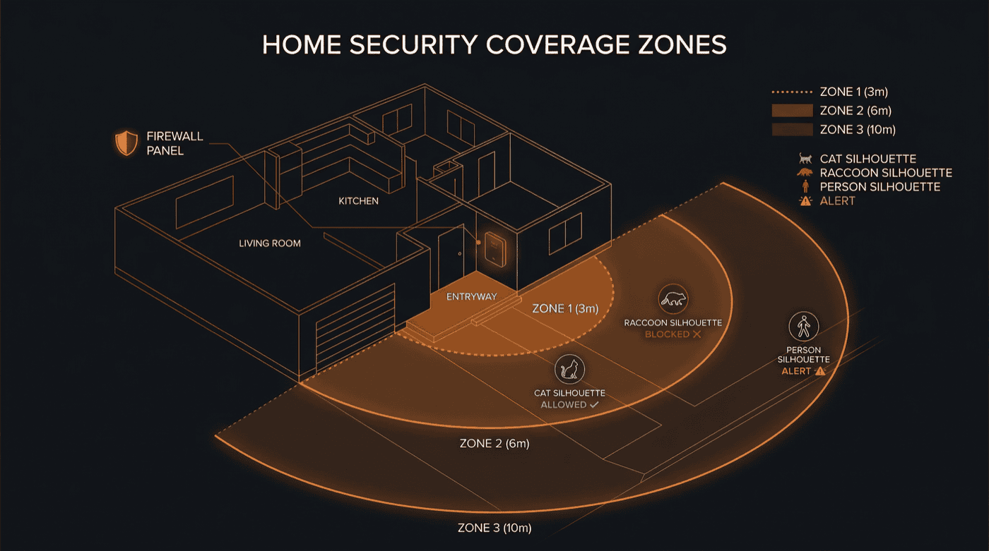 Home Security Coverage Zones — floor plan showing Firewall panel with three detection zones at 3m, 6m, and 10m ranges. Cat silhouette marked ALLOWED, raccoon marked BLOCKED, person marked ALERT
