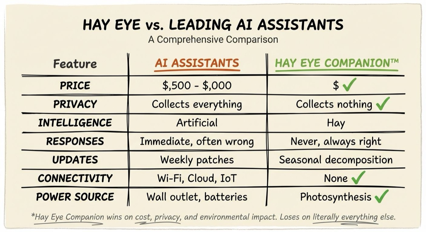 Feature comparison table showing Hay Eye Companions versus traditional AI assistants