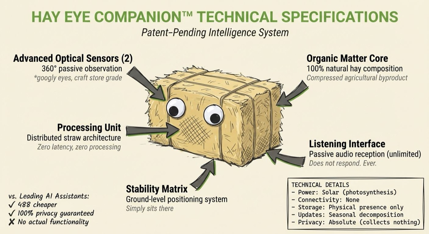 Exploded view technical diagram of Hay Eye Companion showing advanced straw architecture