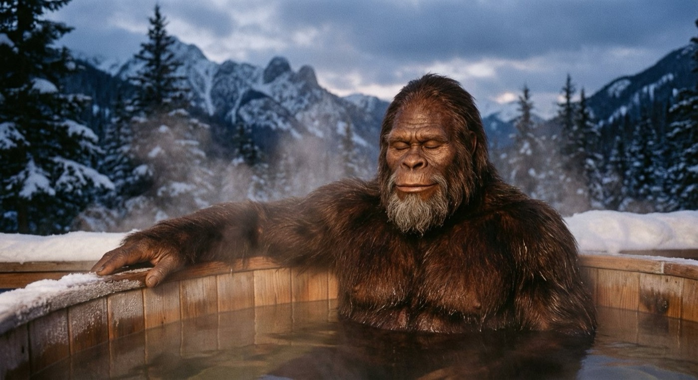January: Squatch in a hot tub