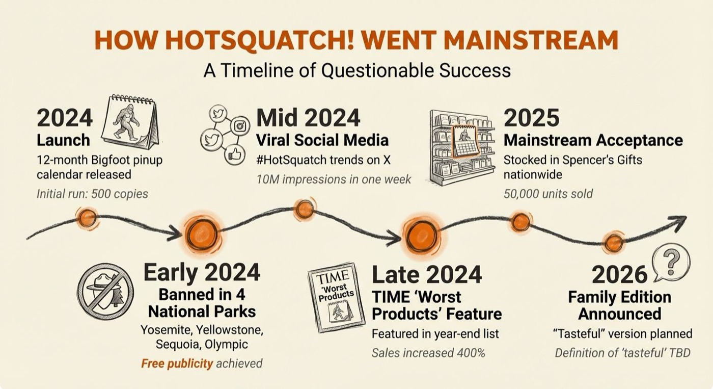 Timeline showing HotSquatch's evolution from banned curiosity to mainstream sensation