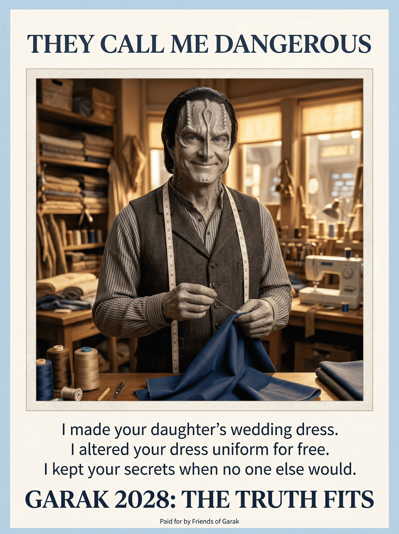 Warm campaign poster showing Elim Garak in his tailor shop
