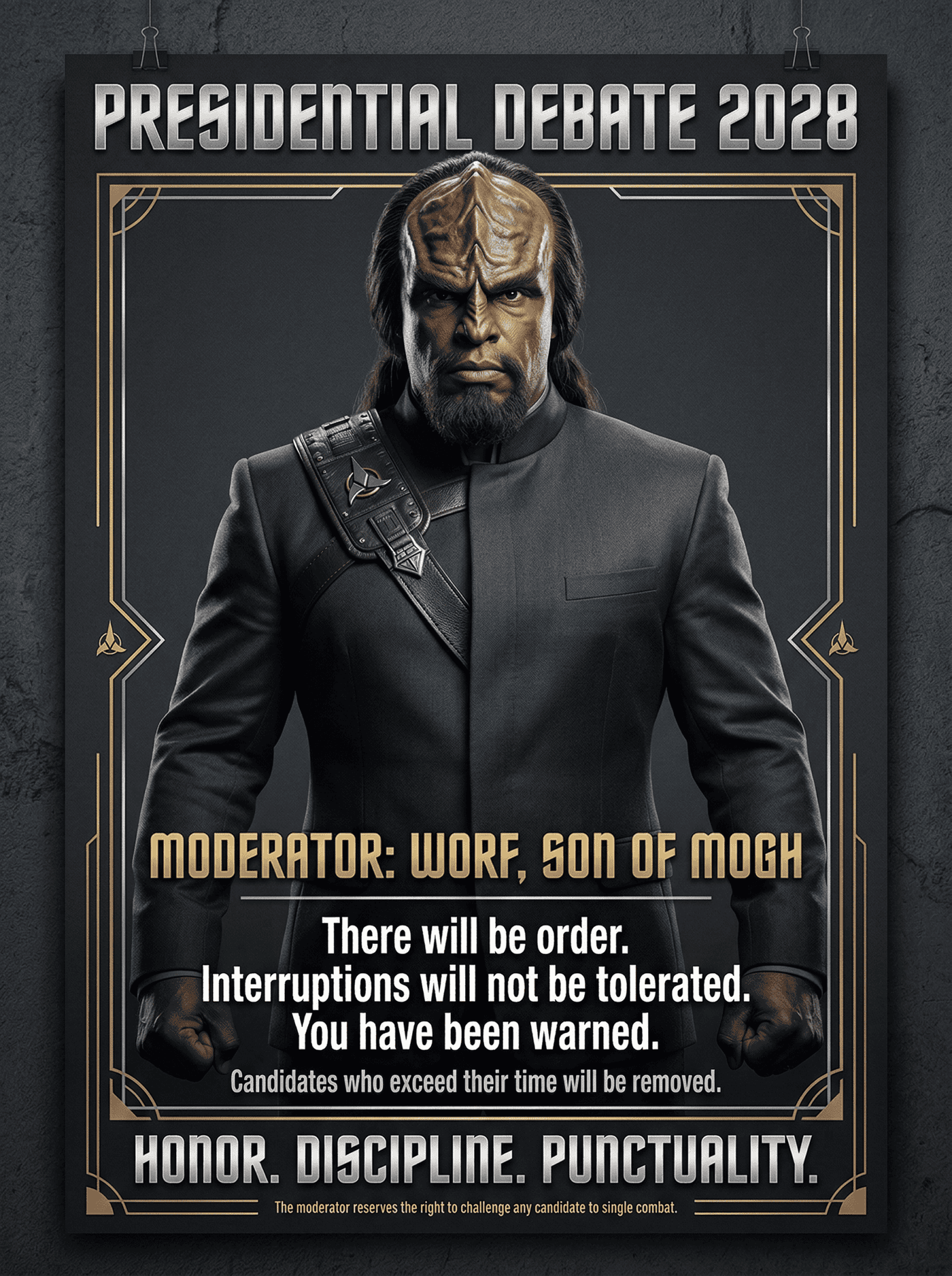 Gold-on-charcoal presidential debate poster announcing Worf as moderator