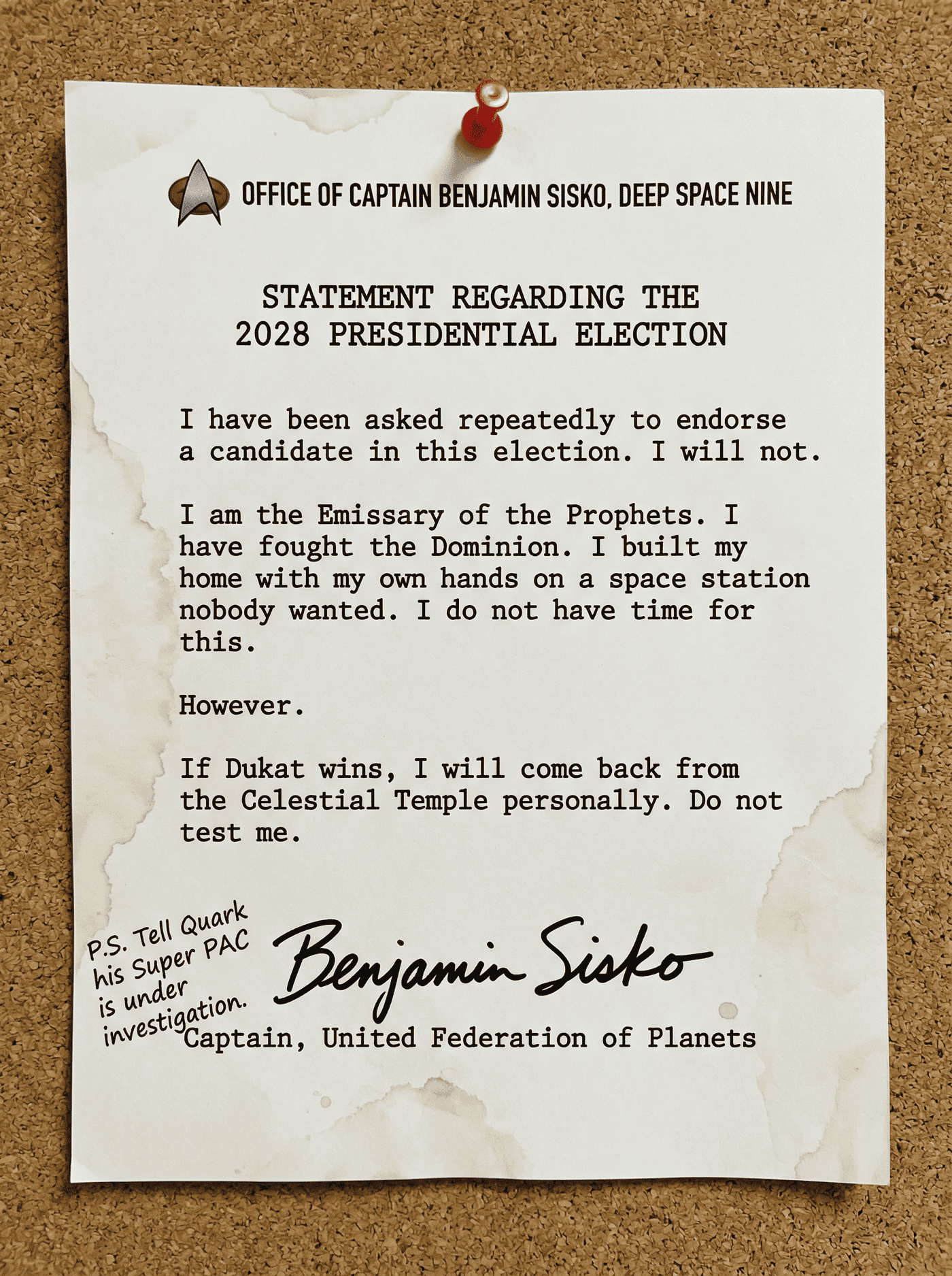 Coffee-stained typed non-endorsement memo from Benjamin Sisko pinned to a noticeboard