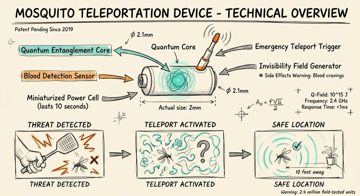 Technical diagram of Mosquito Teleportation Device showing quantum core and components