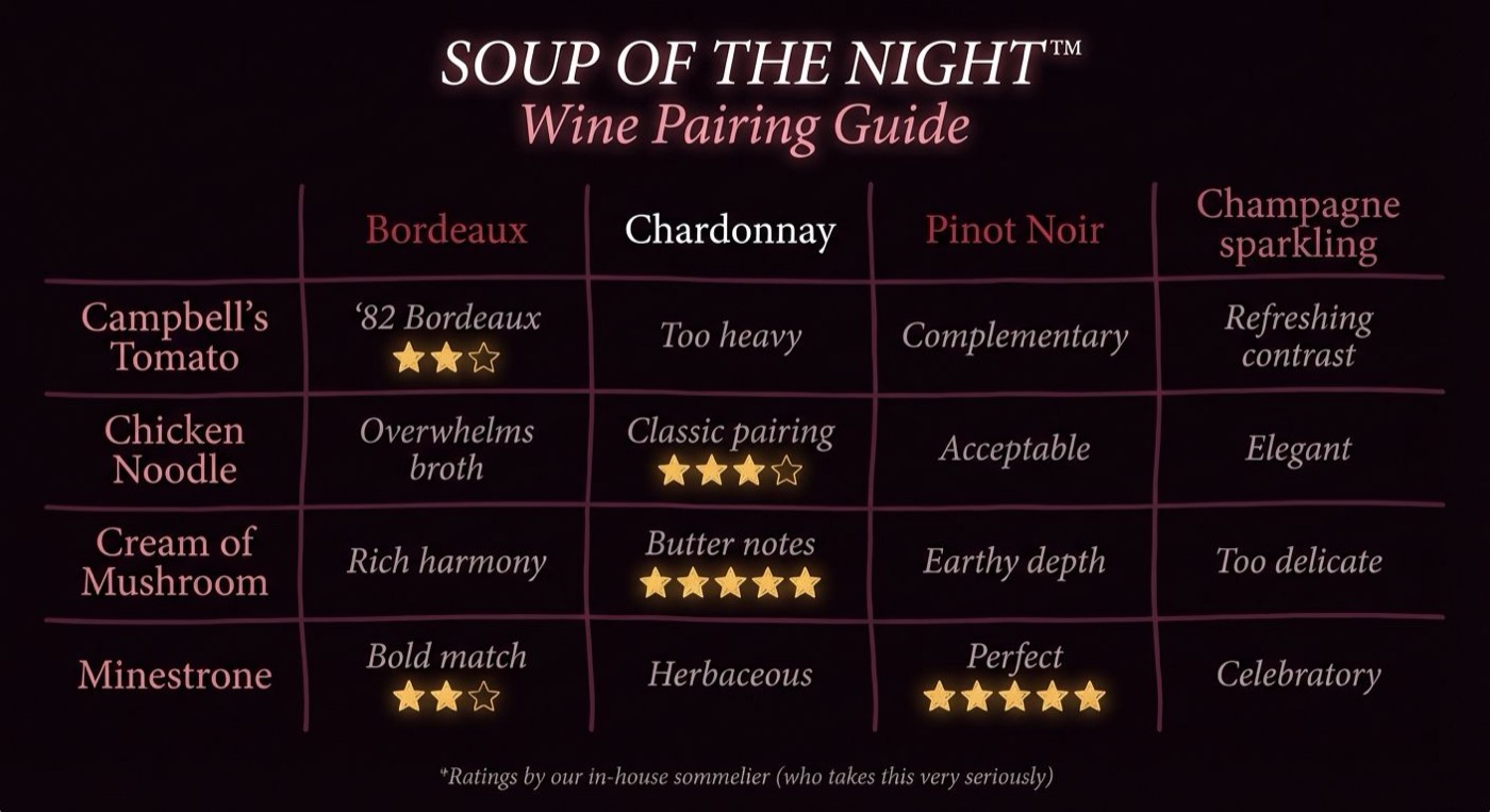 Comprehensive wine pairing guide for late-night soup service
