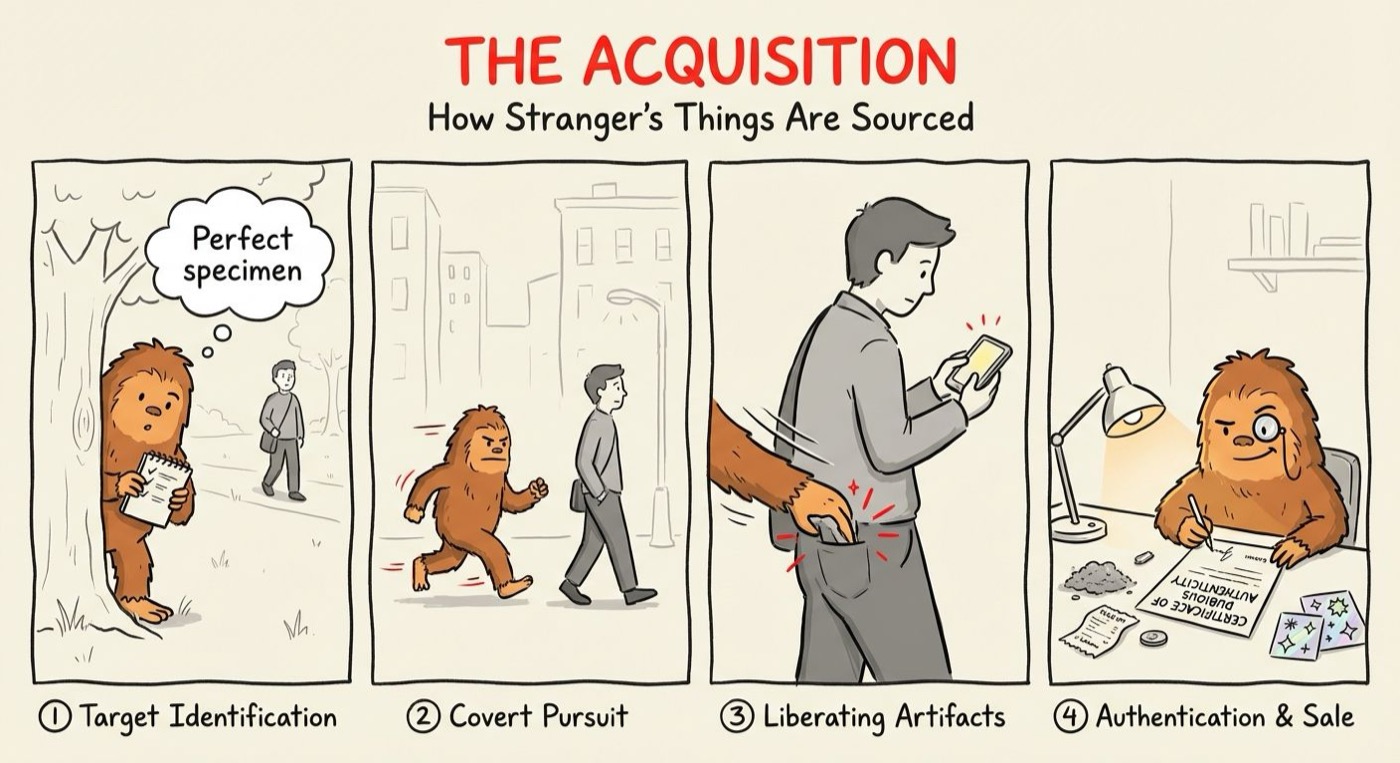 Four-panel comic strip showing how HotSquatch acquires items for the collection