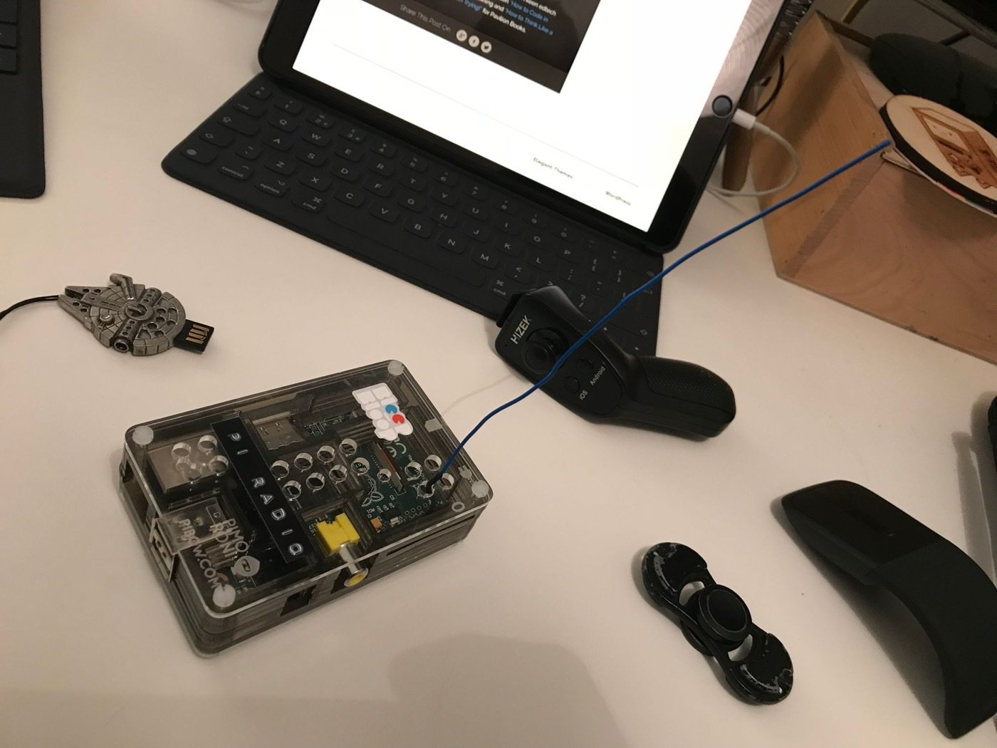 The Raspberry Pi in its case, ready to broadcast