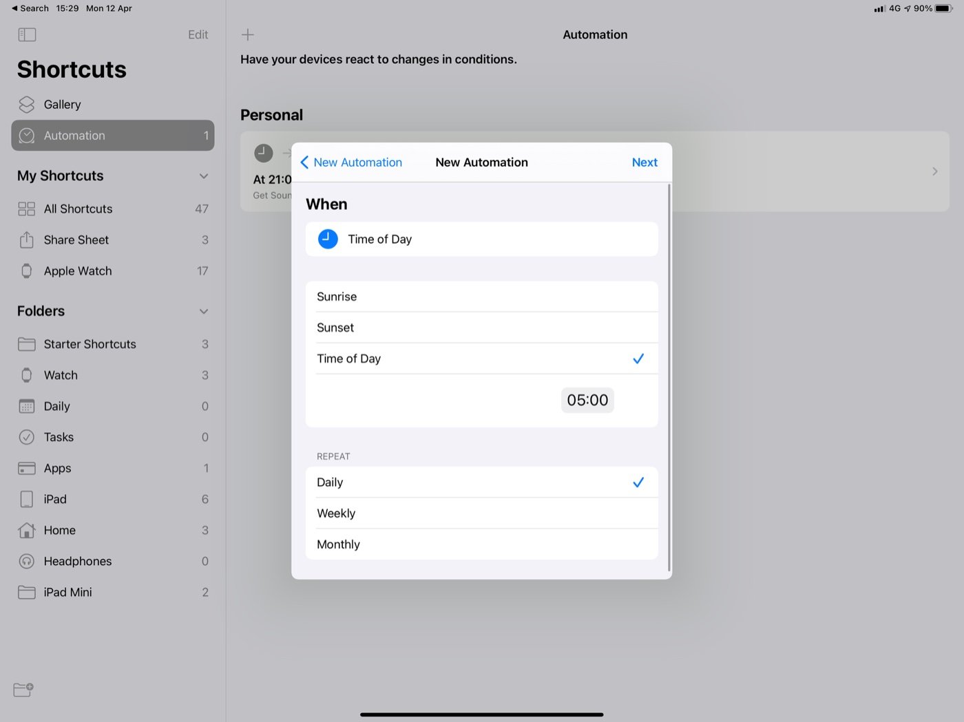 Shortcuts automation step 3