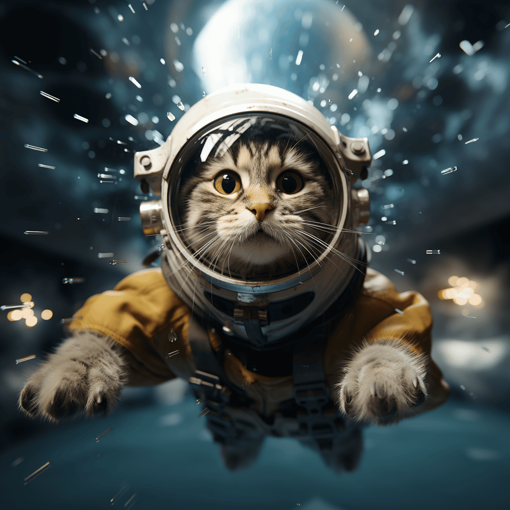 A cat wearing a space helmet, floating in zero gravity - MidJourney results