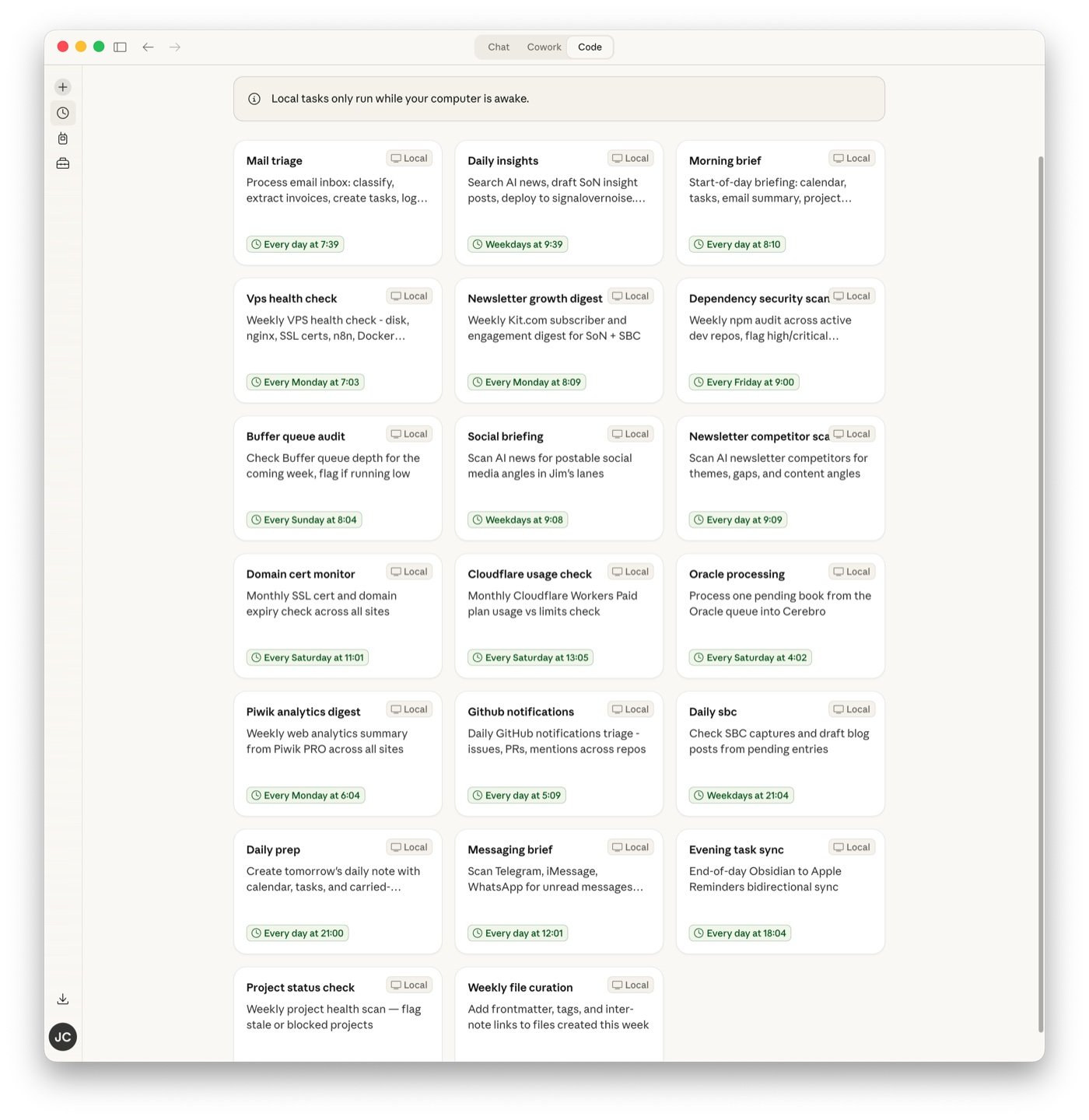 All twenty scheduled tasks in Claude Desktop, organized as cards with their descriptions and schedules