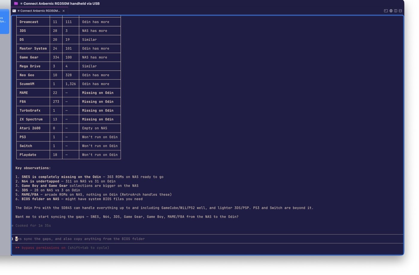 Claude Code displaying a full NAS vs Odin comparison table showing ROM counts per system, with gap analysis noting which collections need syncing