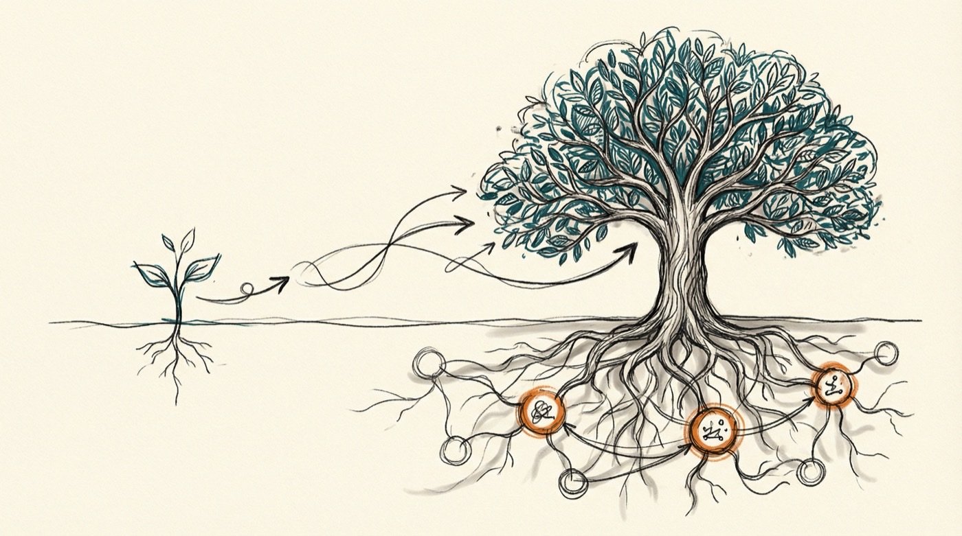 Hand-drawn editorial illustration of a seedling growing into a tree with interconnected root networks
