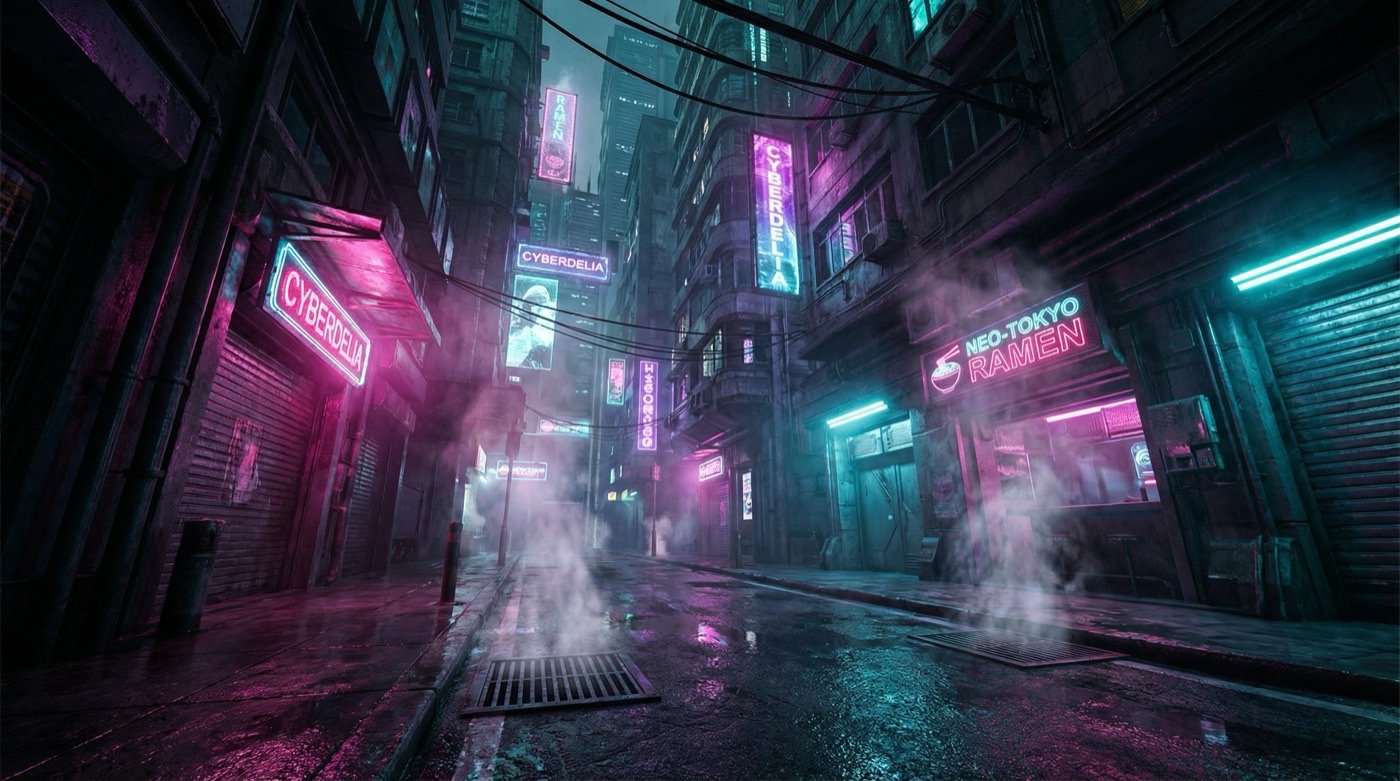 Neon cyberpunk alley with rain-slicked streets and steam