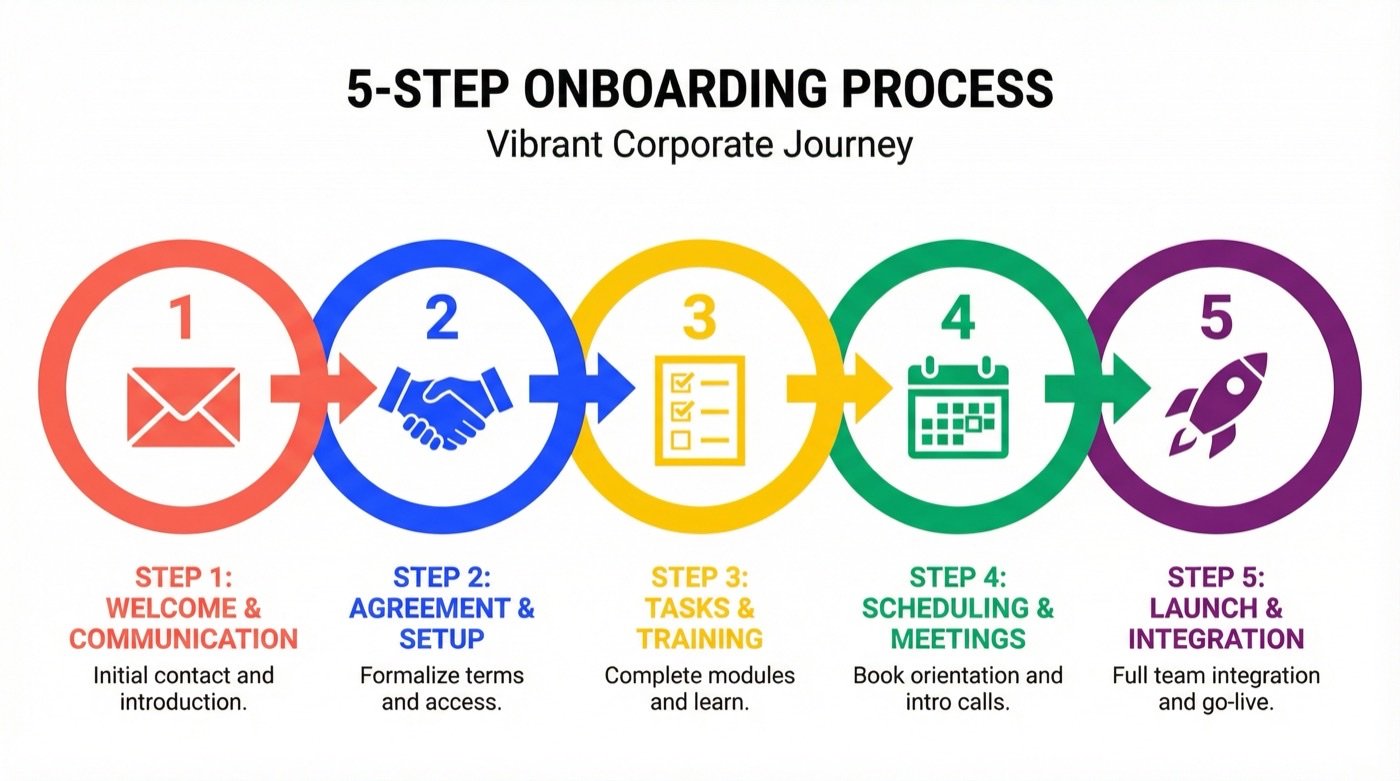 Colorful flat infographic showing 5-step onboarding process