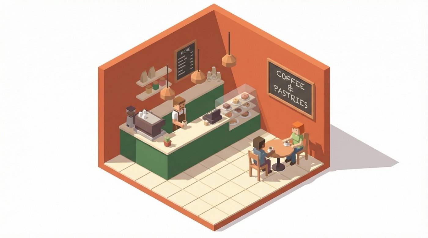 Isometric low-poly coffee shop interior with terracotta and green