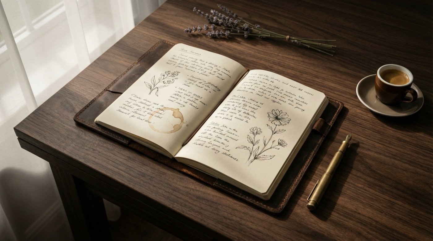 Photorealistic leather notebook and espresso on walnut desk