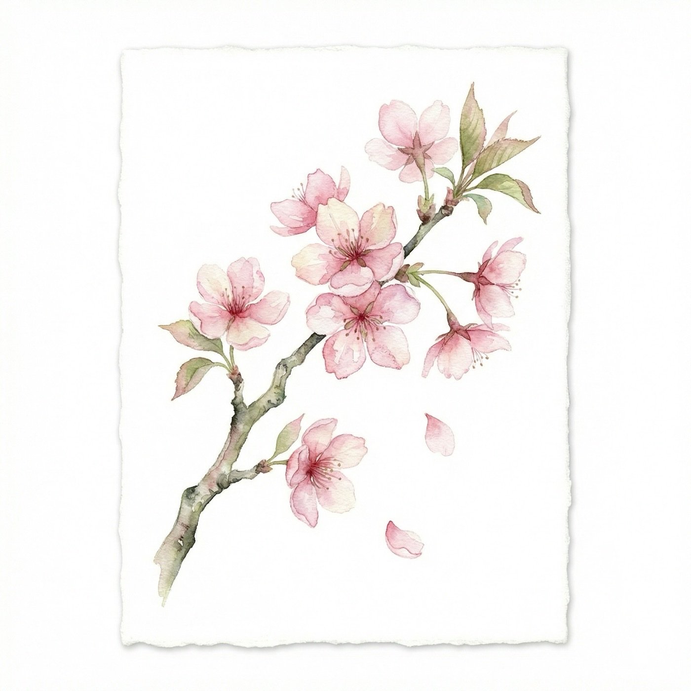 Watercolor cherry blossom branch on white background
