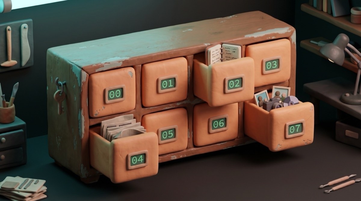 Eight clay drawers numbered 00 through 07 in a battered workshop cabinet, dark charcoal background, terminal-green labels. Drawers 02, 04 and 07 are slightly open showing a notebook, folded papers, and small clay images.