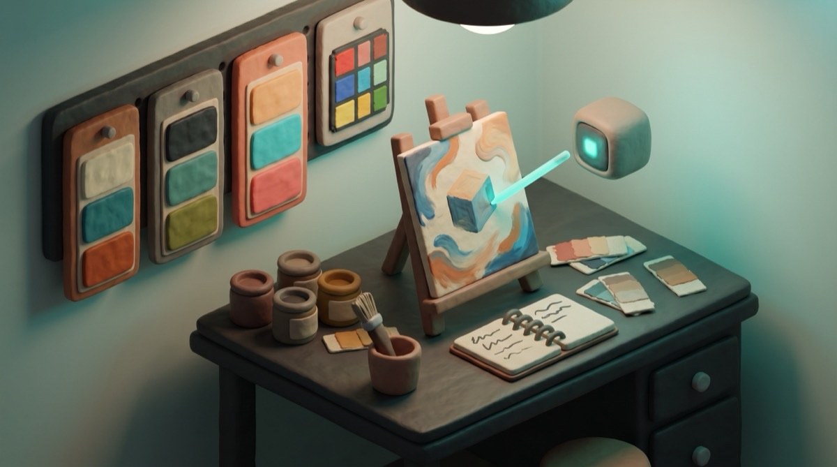 A claymorphic drafting table in a dark workshop, with a small painted easel showing an isometric form being created. Four clay colour palette boards mounted on the wall behind, each in a different scheme. A small floating clay AI assistant box paints the canvas with a glowing teal stylus.