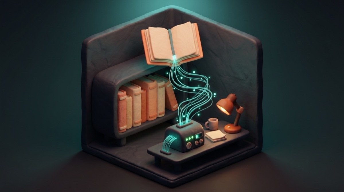 A small workshop bookshelf with clay books, one floating open above. Glowing teal threads stream from the open pages down into a small clay machine on a desk below, with terminal-green indicator lights. A burnt-orange desk lamp adds warmth.