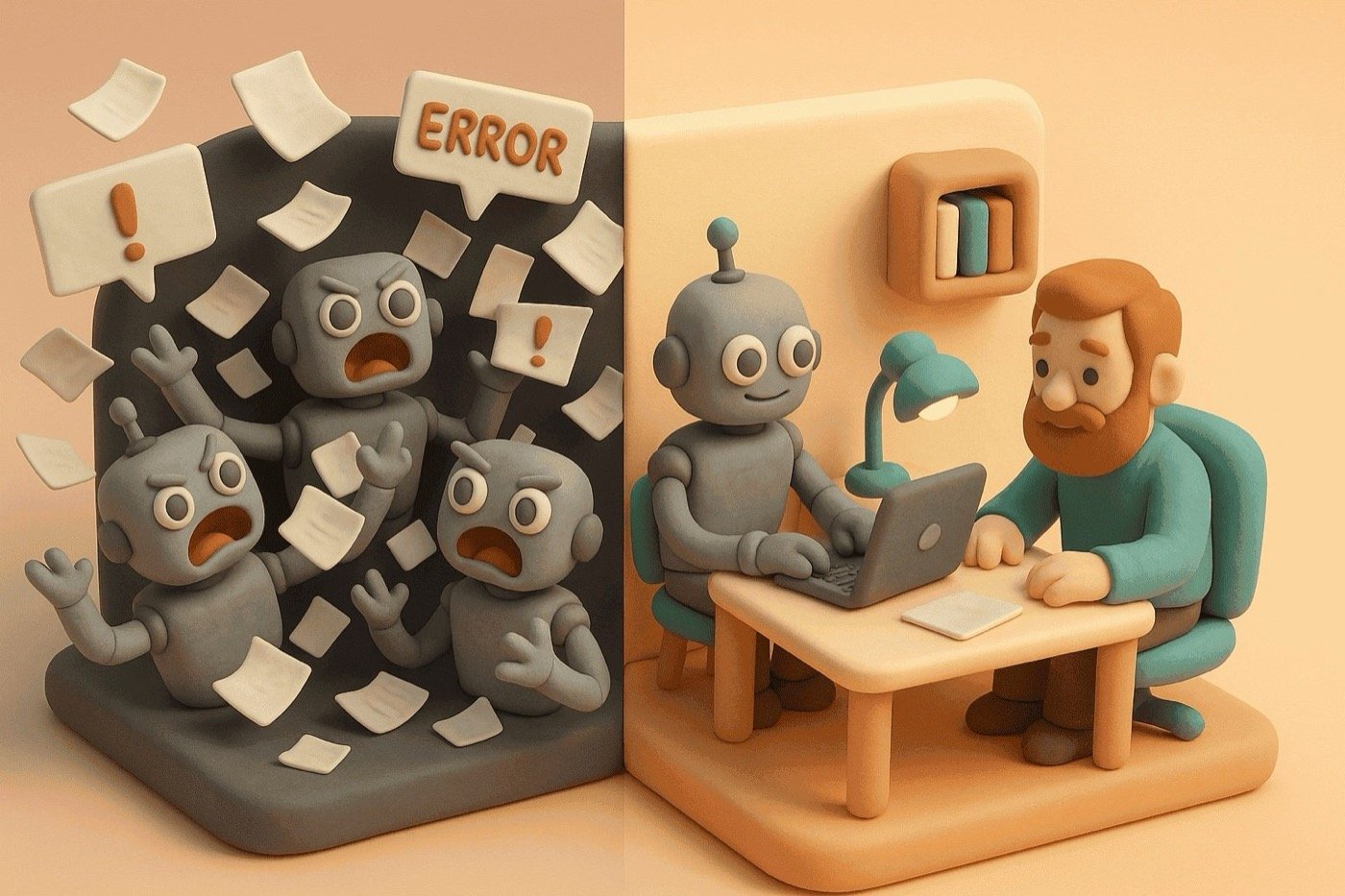 Split scene: chaotic swarm of robots on one side, calm productive work on the other