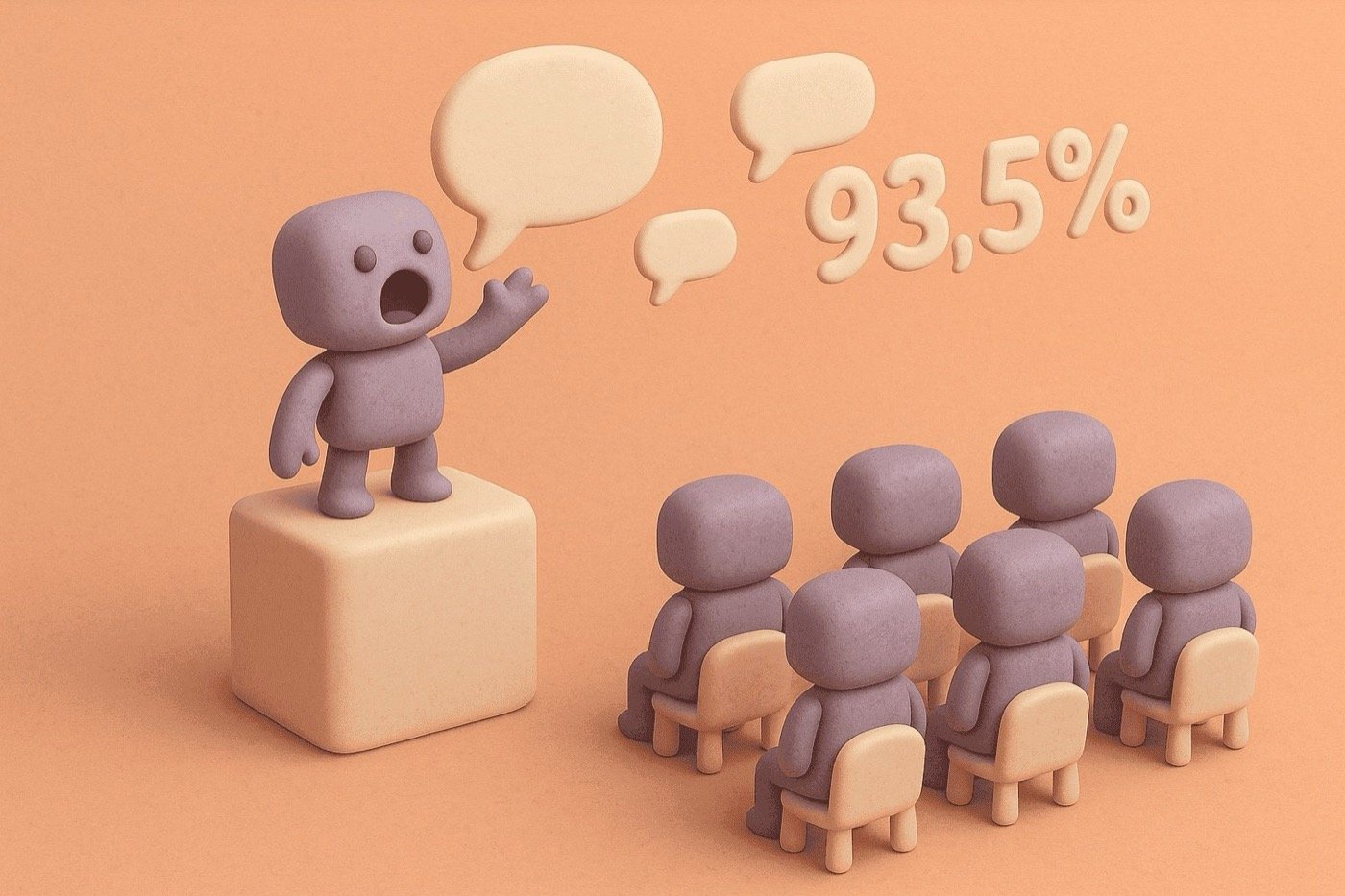 Robots shouting into the void, ignored by others — a visual metaphor for 93.5% non-engagement