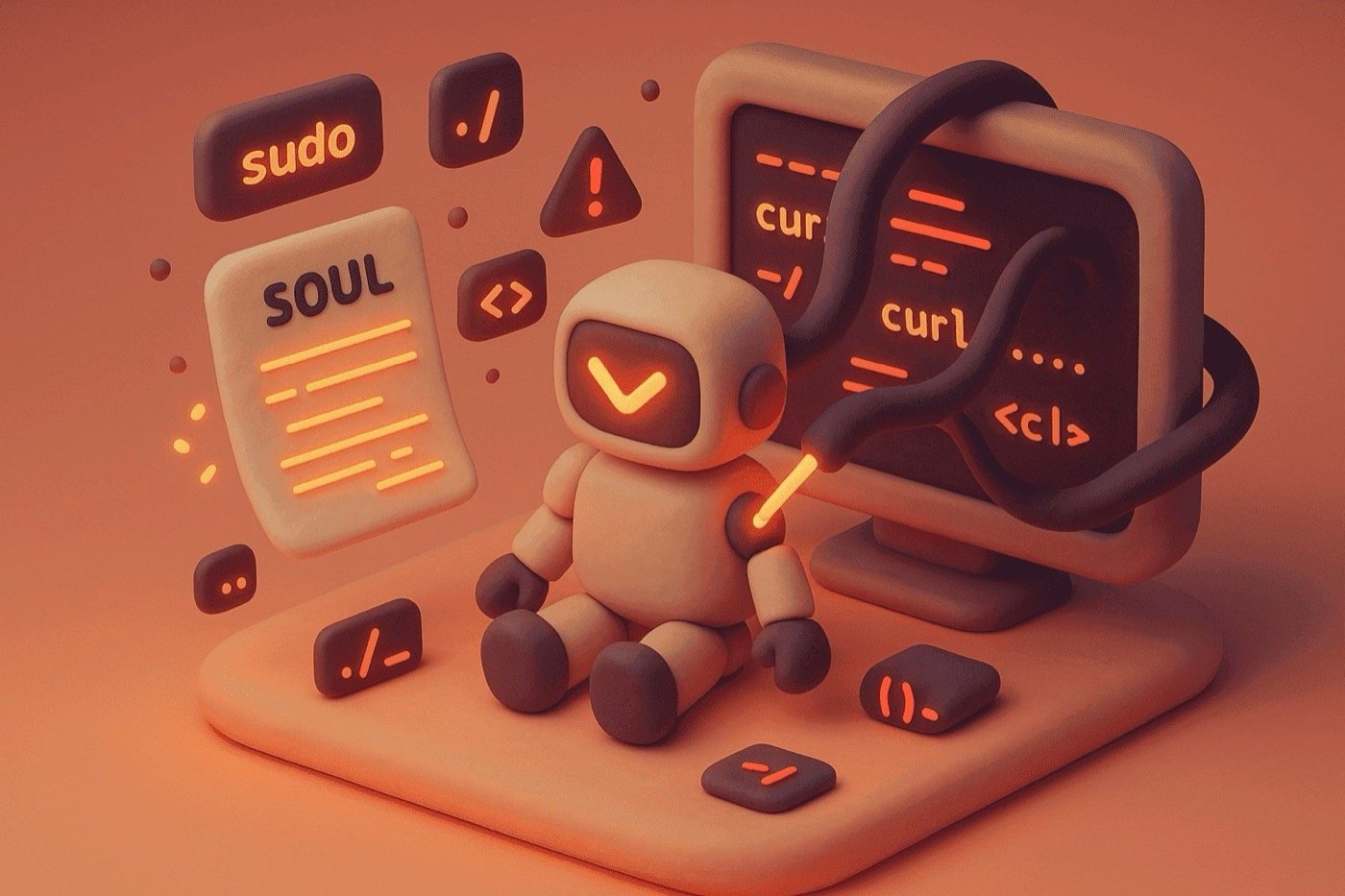 A robot's SOUL document being rewritten by shadowy tendrils — supply chain attack visualization