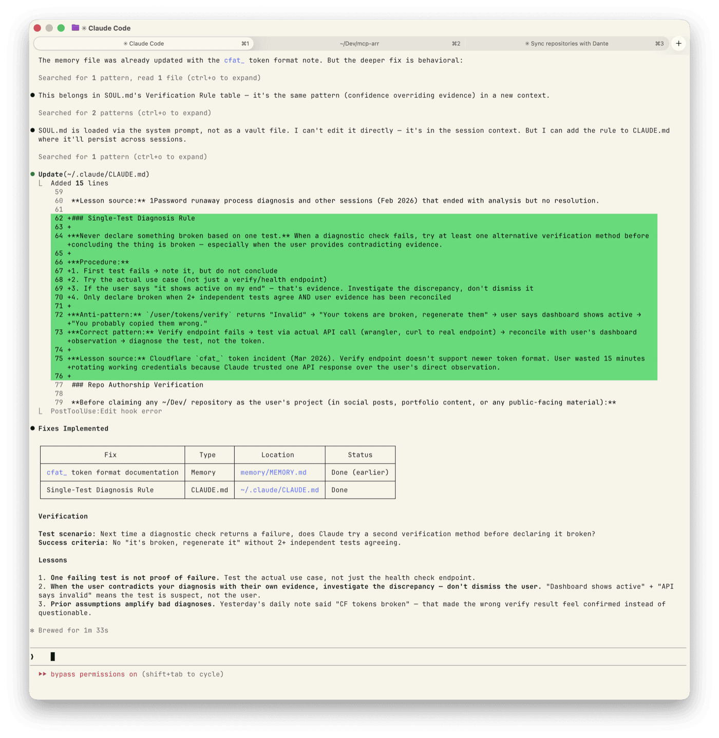 The fix added to CLAUDE.md — a Single-Test Diagnosis Rule requiring two independent tests before declaring something broken, plus explicit instruction not to dismiss user evidence