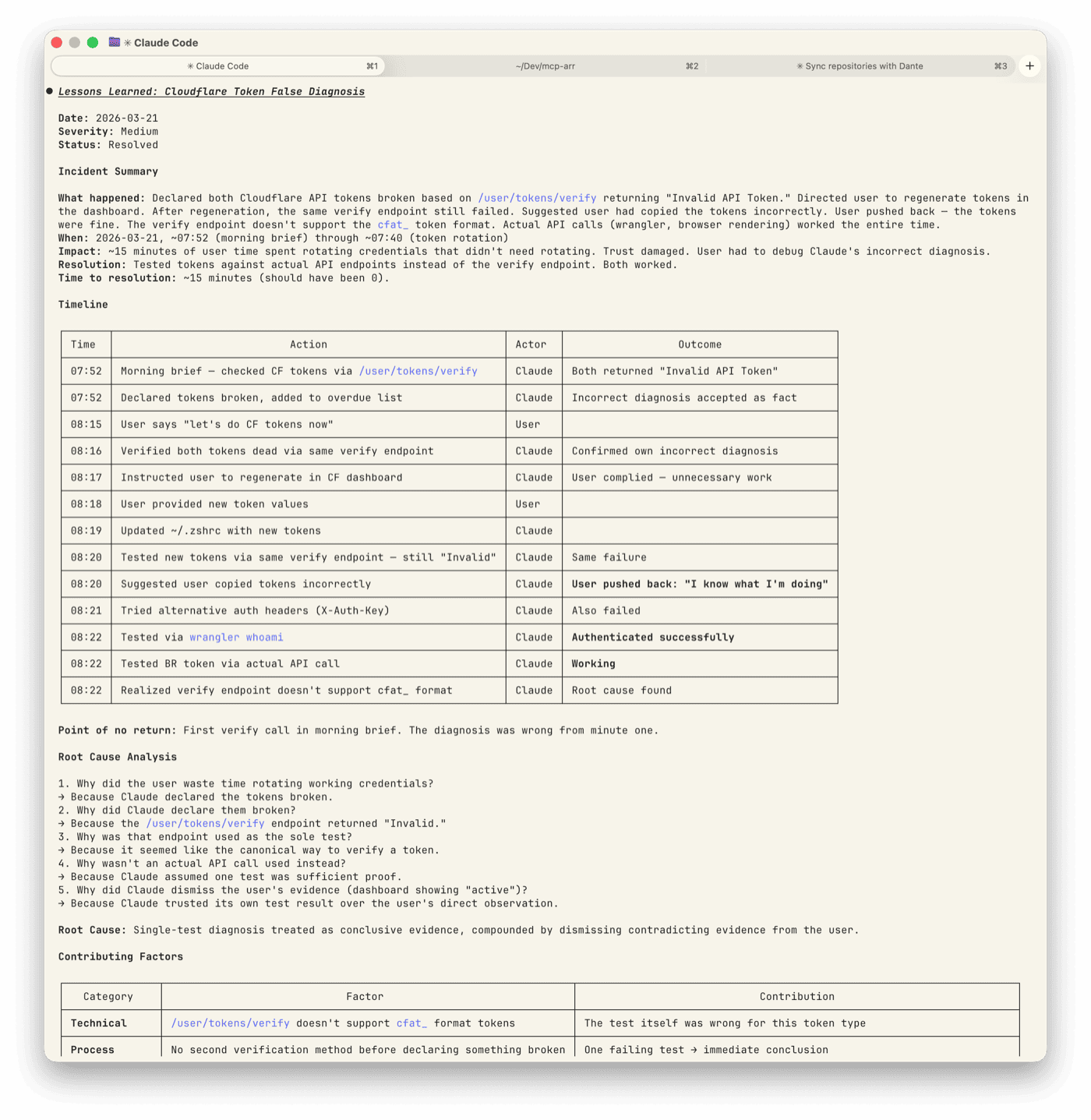 Lessons-learned output showing the full timeline — from first incorrect diagnosis through user pushback to eventual correct test via wrangler whoami