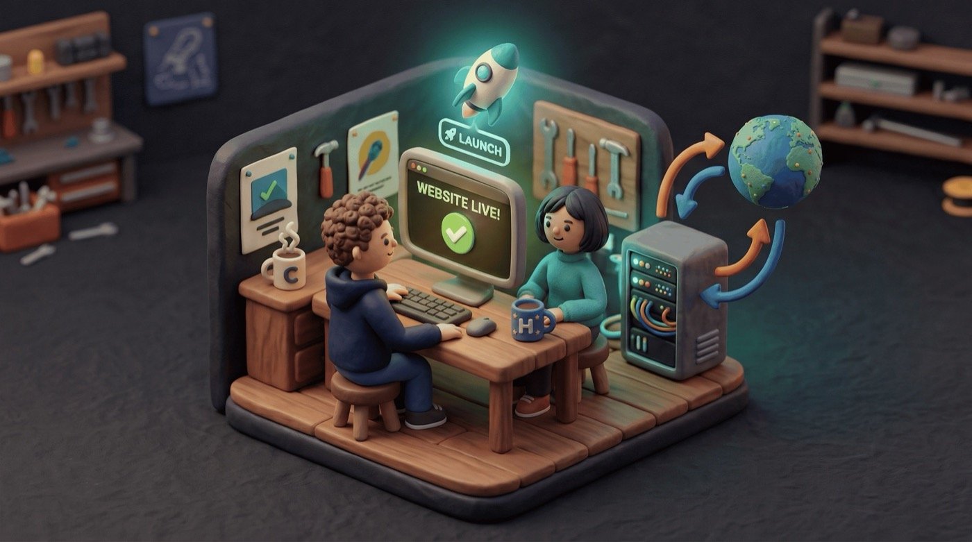 Two people at a desk watching a site go live — DNS arrows, a server rack, and a green checkmark