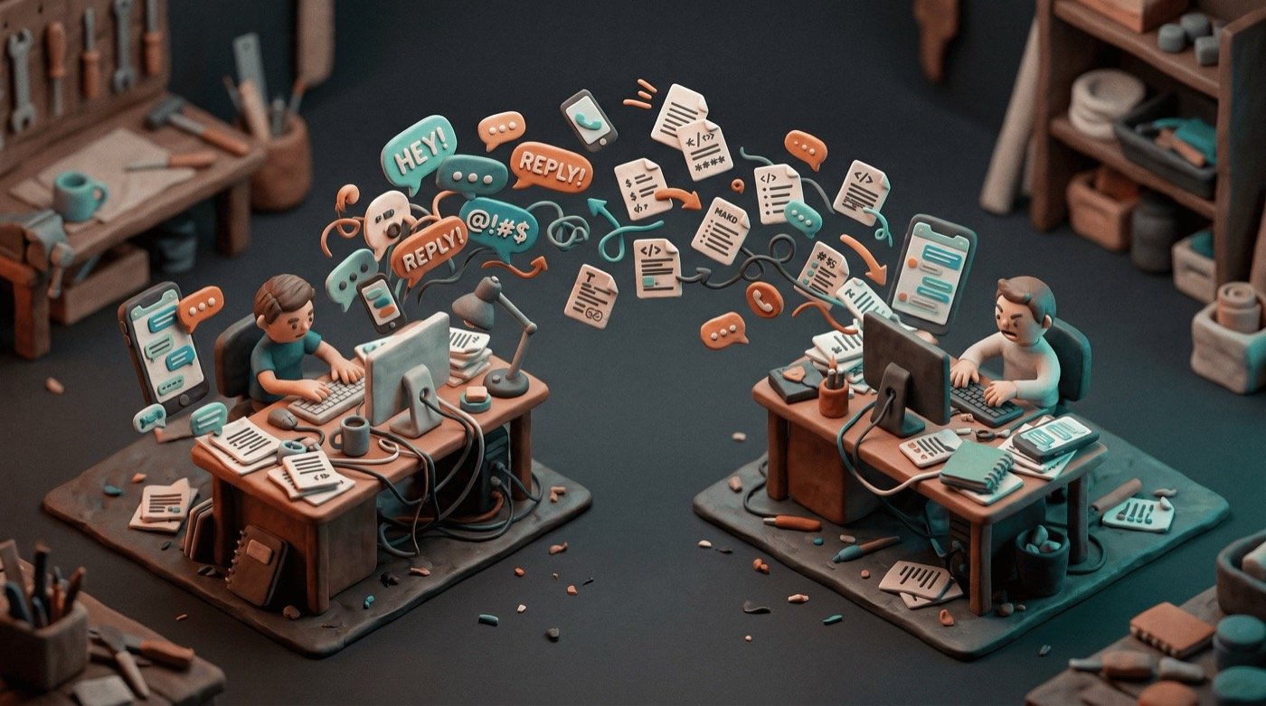 Two desks connected by tangled speech bubbles and flying markdown documents — the WhatsApp coordination era