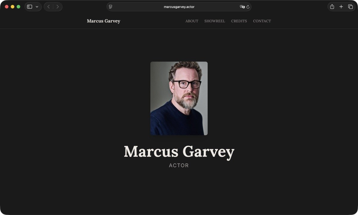 The finished portfolio — marcusgarvey.actor hero section