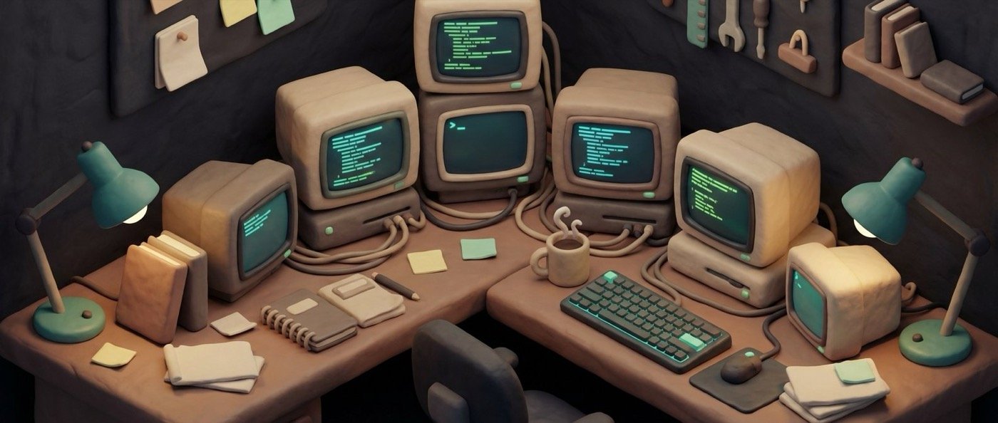 Claymorphic workshop scene with clay CRT monitors, keyboard, and desk lamps