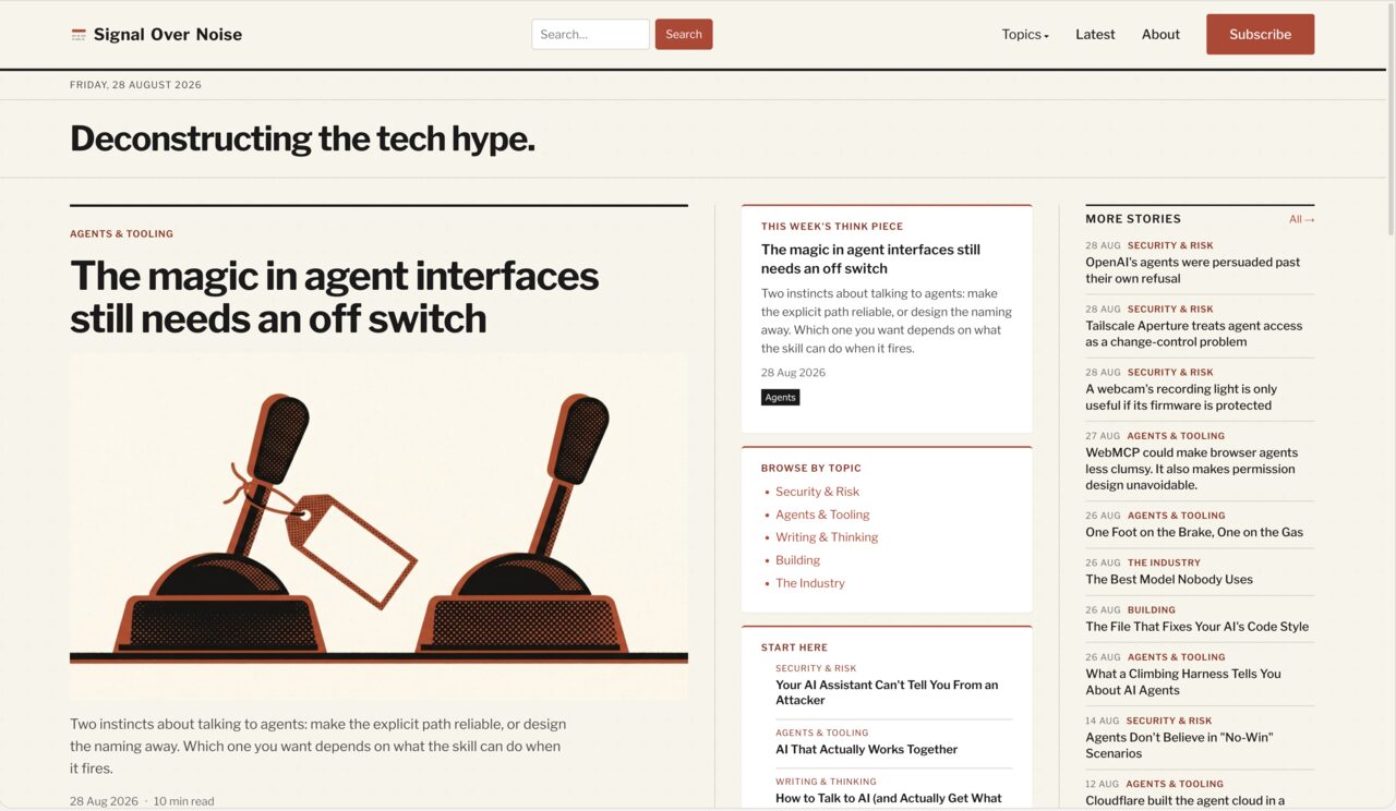 The Signal Over Noise home page, with the week's think piece as the lead story