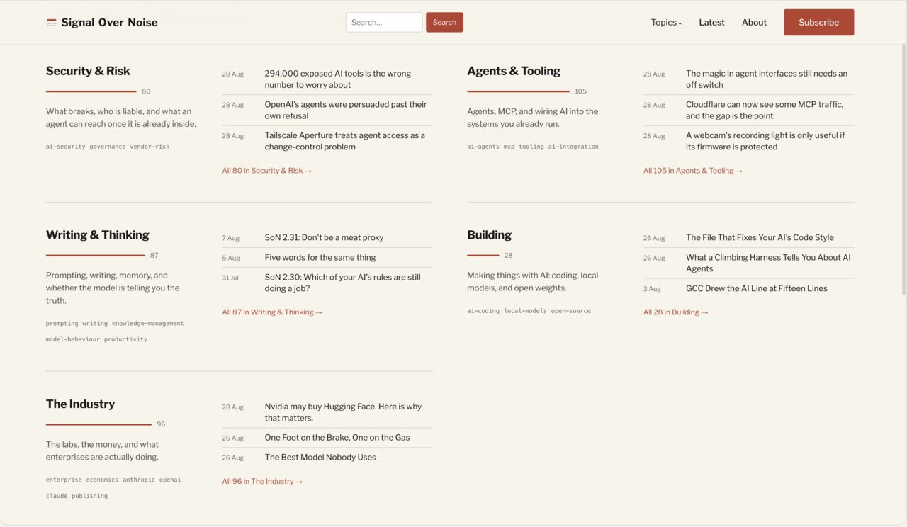 The five Signal Over Noise topic pillars on the site, each with its recent stories
