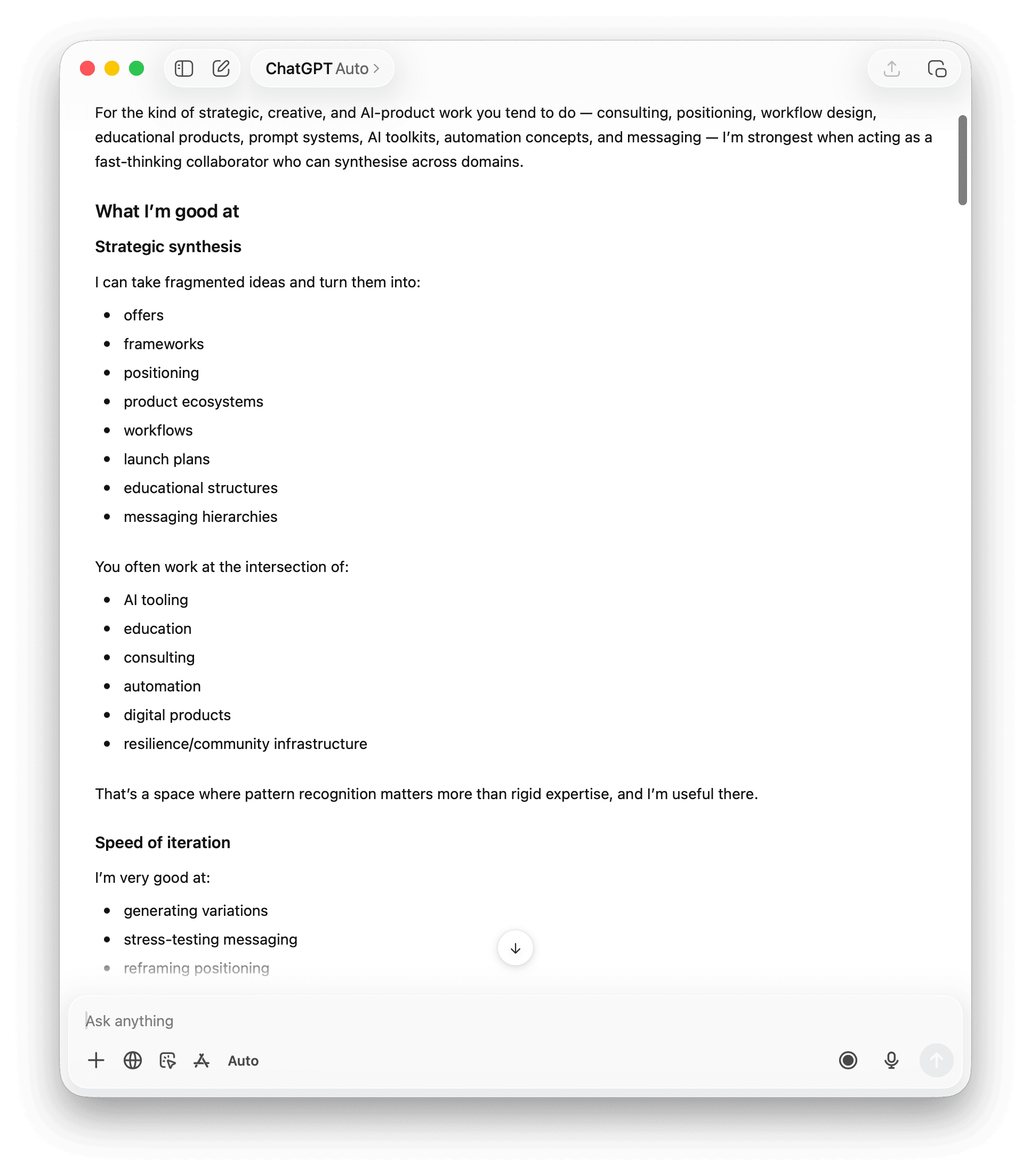 ChatGPT's reply to the meta-conversation prompt — strategic synthesis framing, bulleted lists of capabilities.