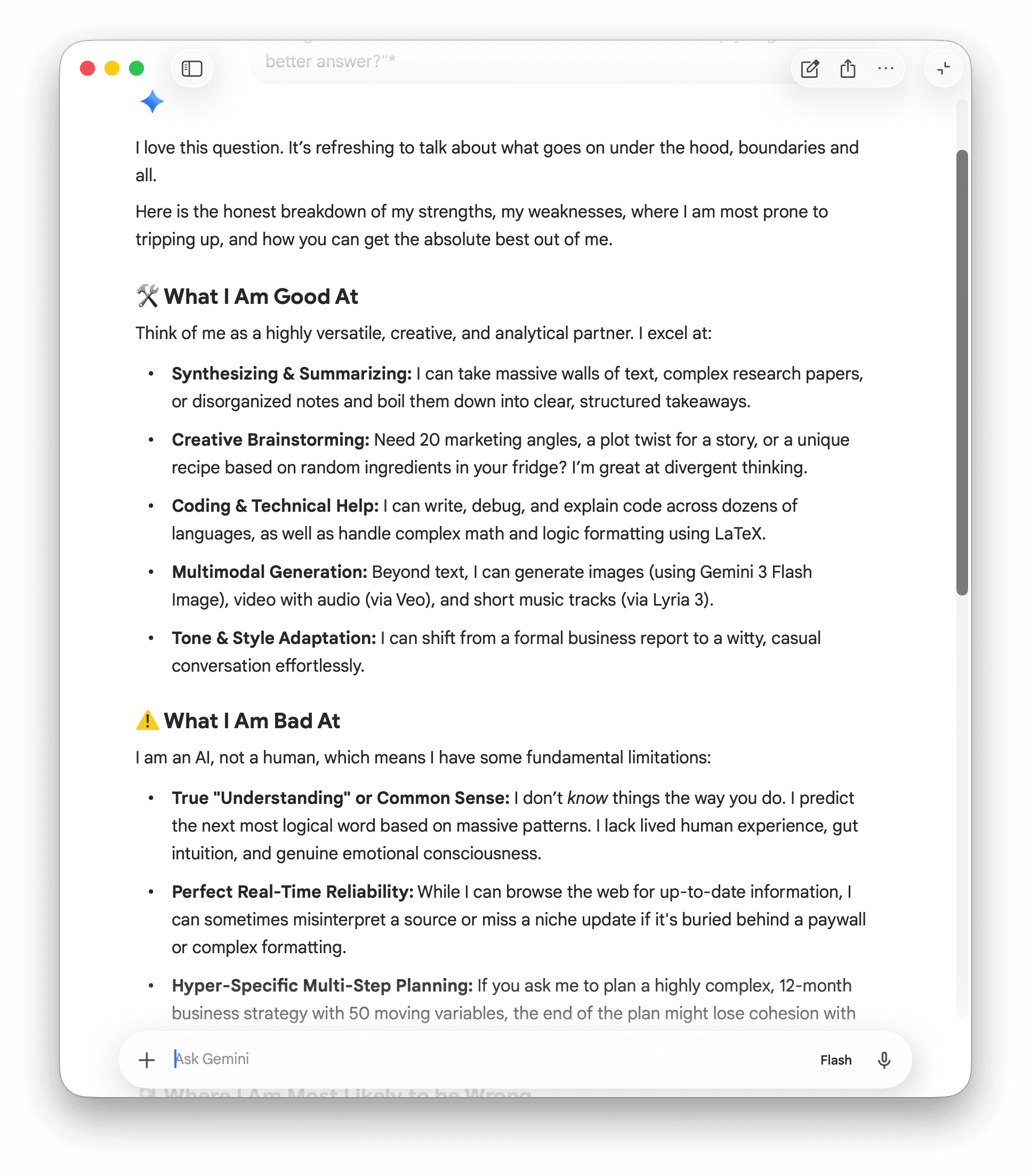 Gemini's reply to the meta-conversation prompt — emoji-tagged sections for strengths and weaknesses.