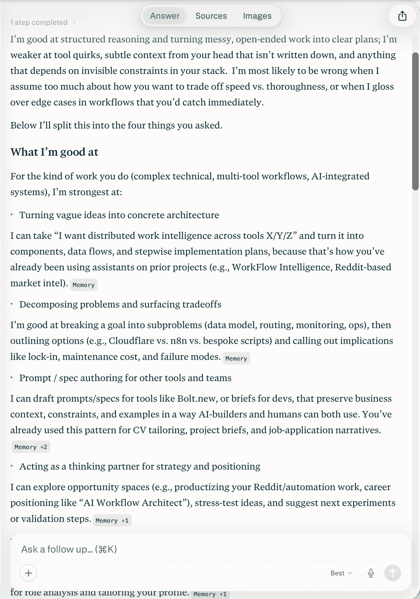 Perplexity Pro's reply to the meta-conversation prompt — structured into strengths, weaknesses, and likely error modes.