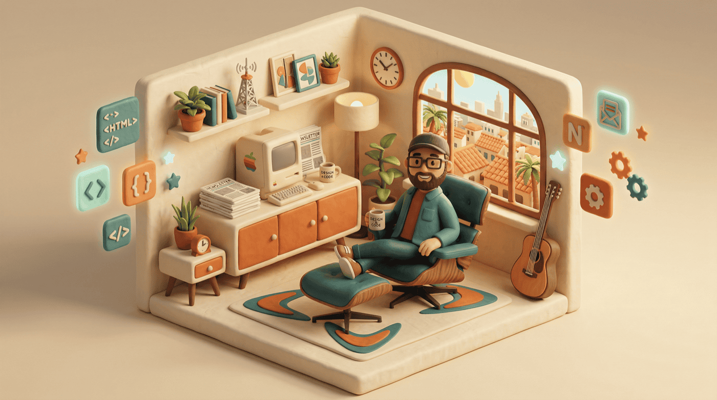 Claymorphic home office with Eames chair, vintage Macintosh, and Valencia rooftop view