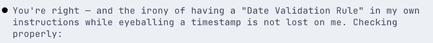 Fable owning the irony of a Date Validation Rule while eyeballing a timestamp.