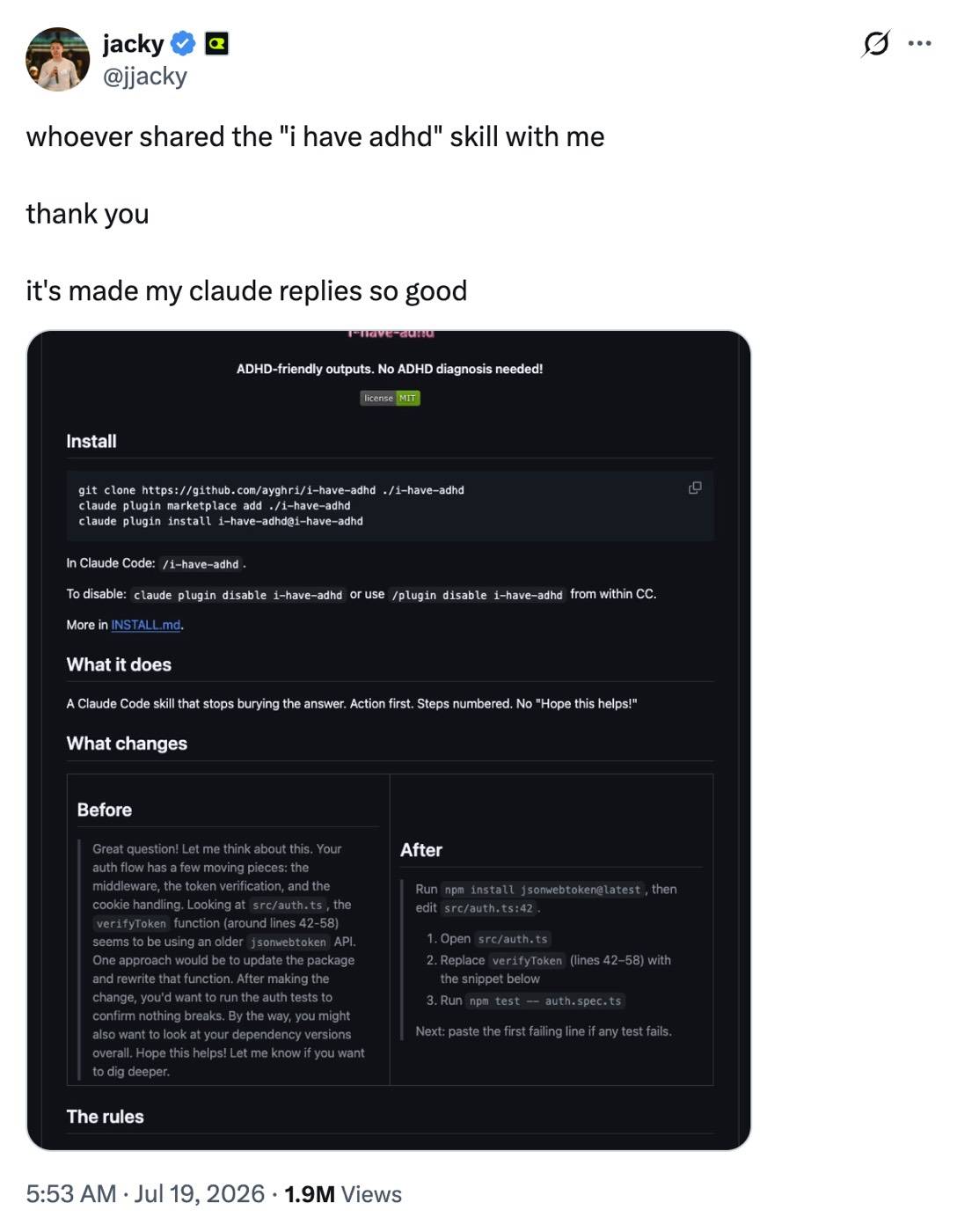 jacky: "it's made my claude replies so good" — the i-have-adhd README showing the before/after and the ten rules