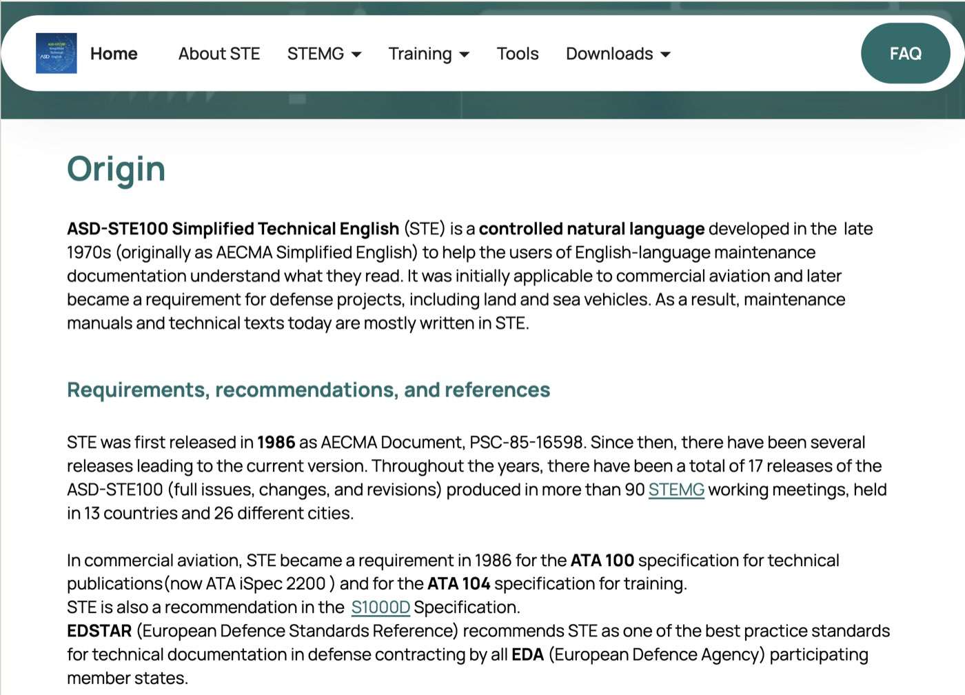 The ASD-STE100 official site — the origin of Simplified Technical English, developed for aerospace maintenance documentation