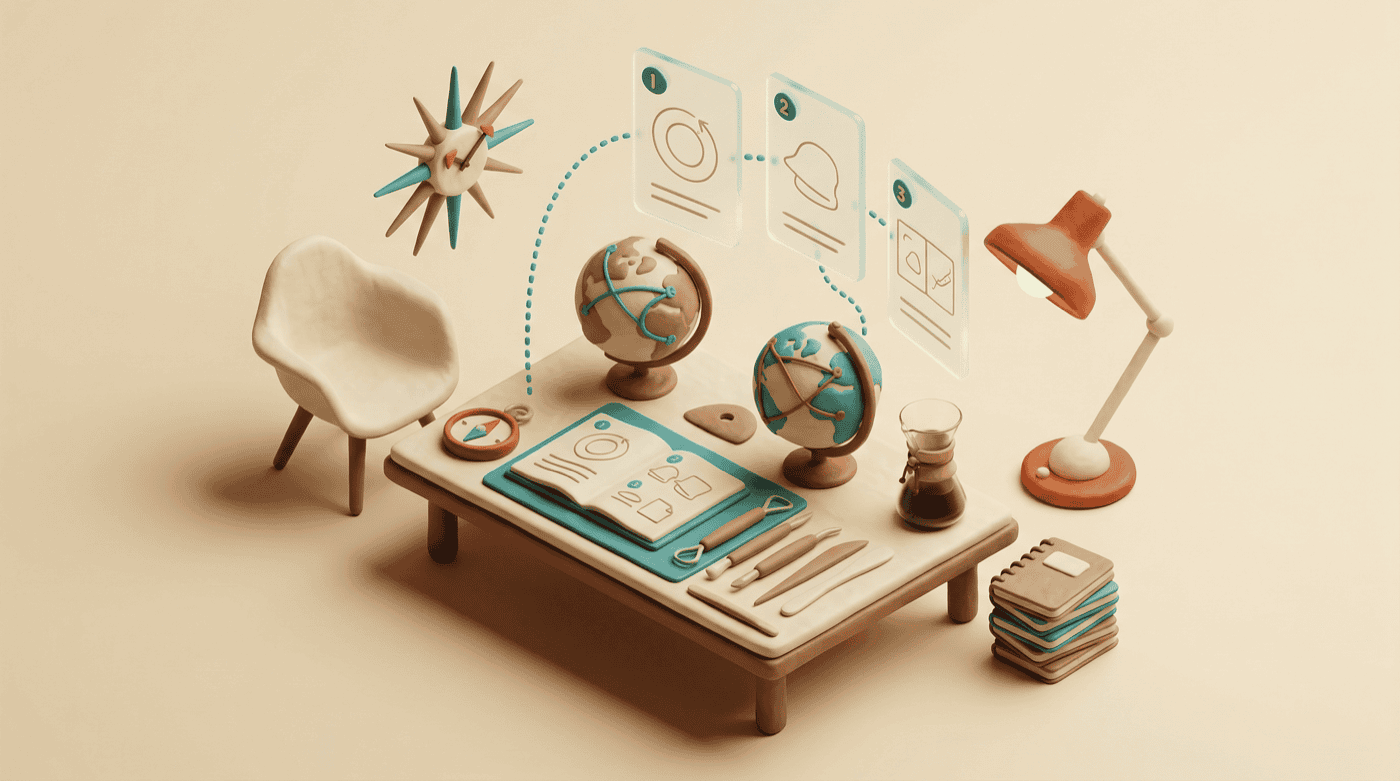 Claymorphic workshop table with instruction manuals, compass, and floating step-by-step guide cards