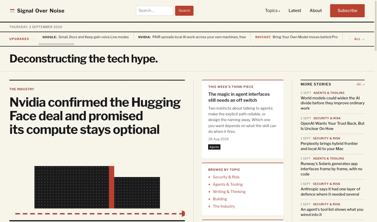 The Signal Over Noise home page with the Upgrades wire running across the top, showing one-line entries from Google, NVIDIA and Raycast.