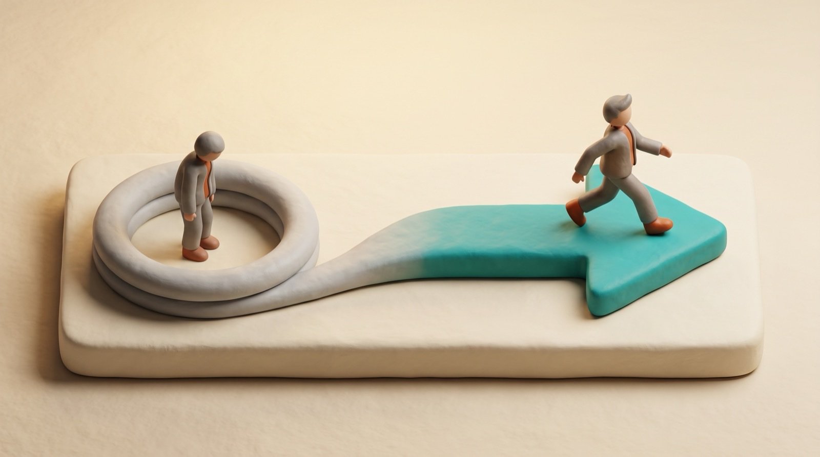 Human in the loop to human in the lead — a grey figure trapped in a loop on the left, the loop unrolling into a teal arrow, the same figure striding forward on the right