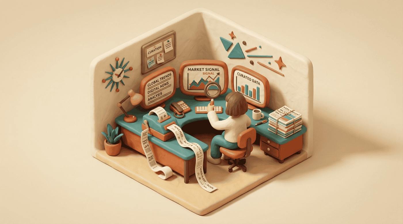 Claymorphic news analysis desk with multiple screens, magnifying glass, and ticker tape